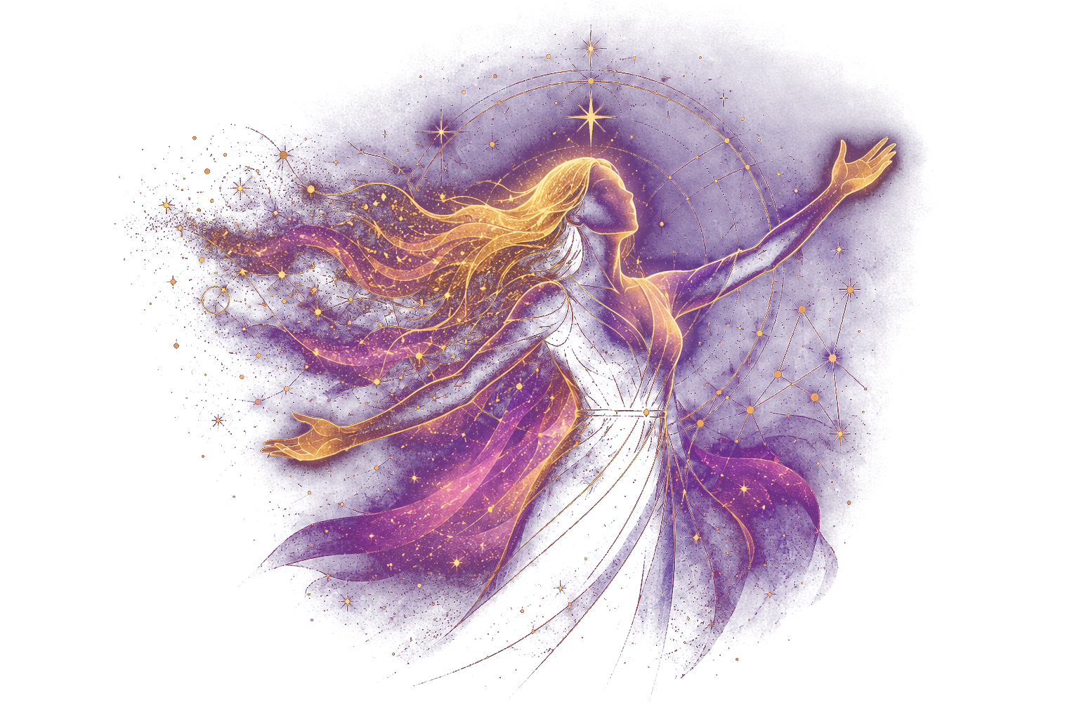 A radiant, star-formed feminine figure reaching upward
